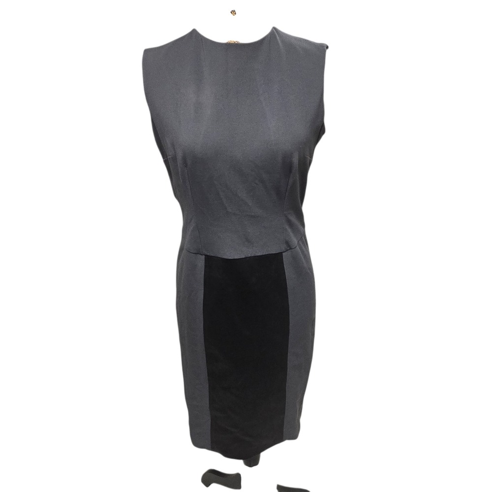 Monika Chiang Charcoal Knit & Leather Panel Colorblock Open Back Midi Dress Sz 6